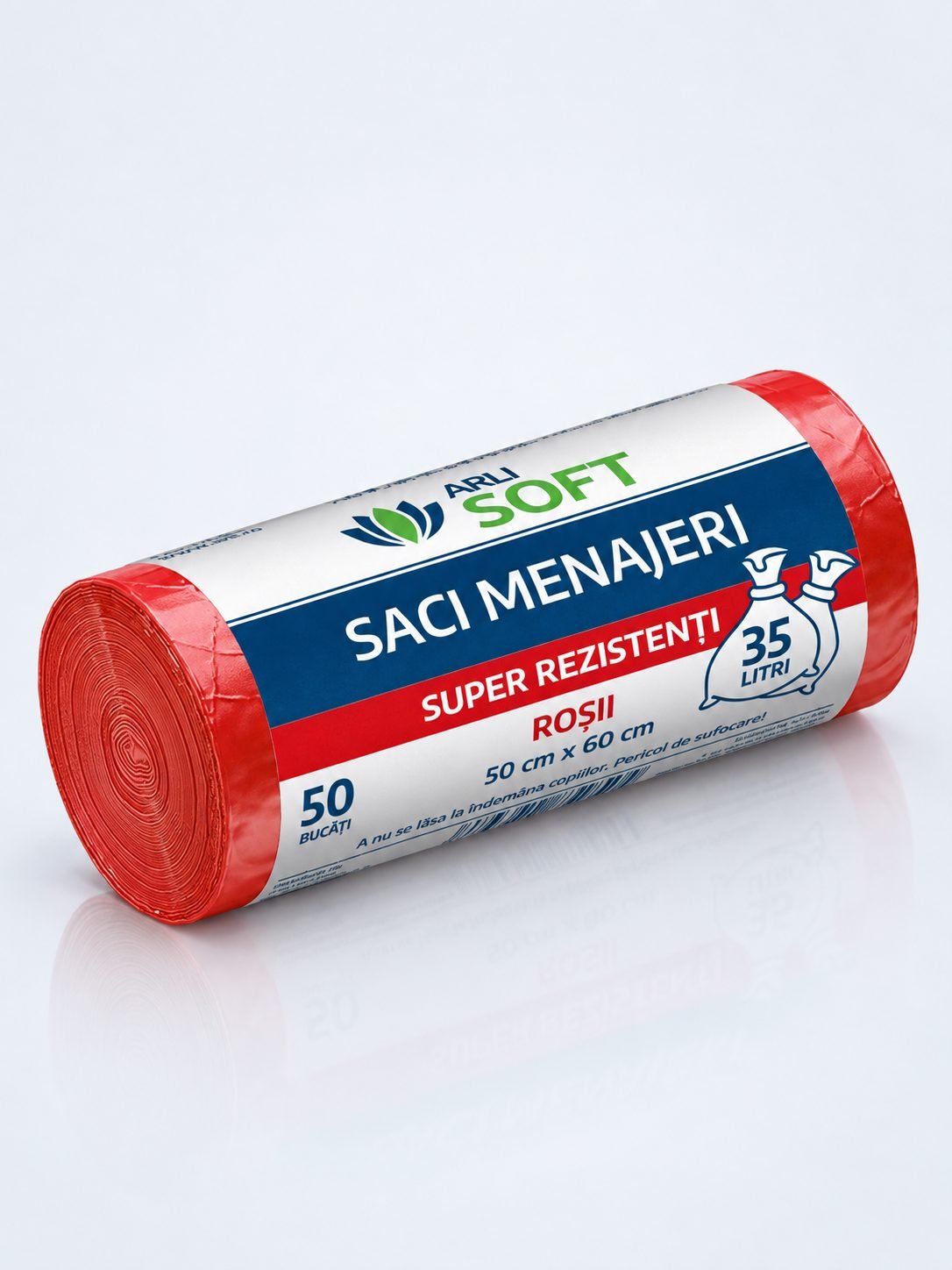 Saci Menajeri Roșii 35 Litri ArliSoft® 50 buc/rola – Super Rezistenți pentru Colectarea Selectivă a Deșeurilor Organice