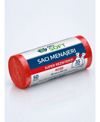 Saci Menajeri Roșii 35 Litri ArliSoft® 50 buc/rola – Super Rezistenți pentru Colectarea Selectivă a Deșeurilor Organice