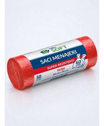 Saci Menajeri Roșii 60 Litri ArliSoft® 50 buc/rola – Super Rezistenți pentru Colectarea Selectivă a Deșeurilor Organice