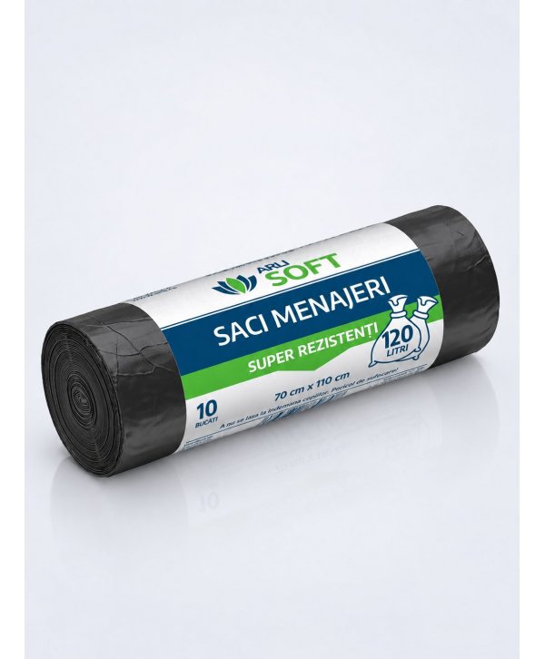 Saci Menajeri 120 Litri ArliSoft® 10 buc/rola - Super Rezistență și Capacitate Mare pentru Gestionarea Deșeurilor Voluminoase