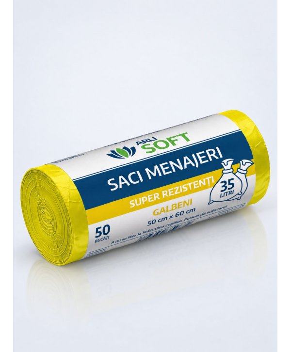 Saci Menajeri Galbeni 35 Litri ArliSoft® 50 buc/rola – Super Rezistenți pentru Colectarea Selectivă a Deșeurilor Saci Menajeri Galbeni 35 Litri ArliSoft® 50 buc/rola – Super Rezistenți pentru Colectarea Selectivă a Deșeurilor