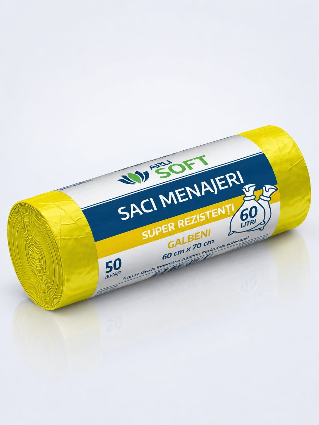 Saci Menajeri Galbeni 60 Litri ArliSoft® 50 buc/rola – Super Rezistenți pentru Colectarea Selectivă a Deșeurilor