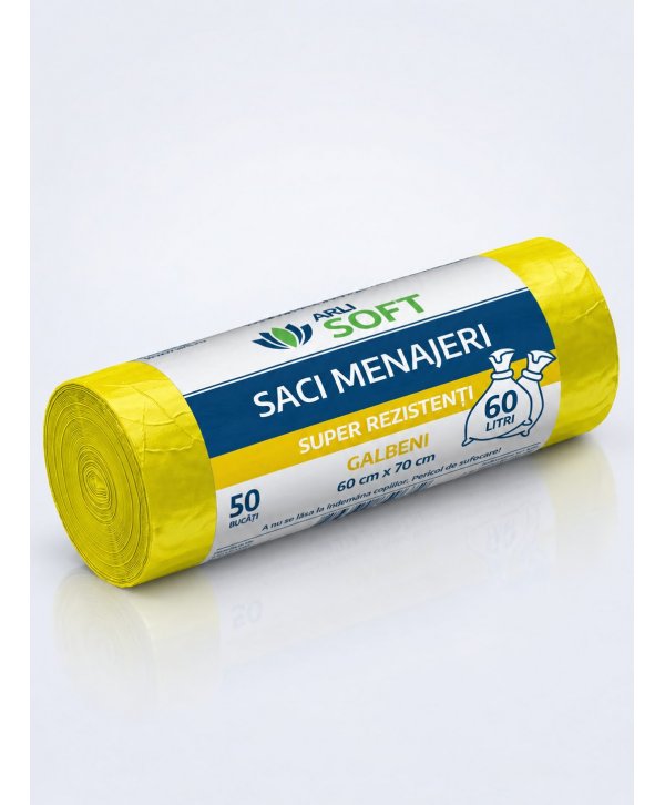 Saci Menajeri Galbeni 60 Litri ArliSoft® 50 buc/rola – Super Rezistenți pentru Colectarea Selectivă a Deșeurilor Saci Menajeri Galbeni 60 Litri ArliSoft® 50 buc/rola – Super Rezistenți pentru Colectarea Selectivă a Deșeurilor