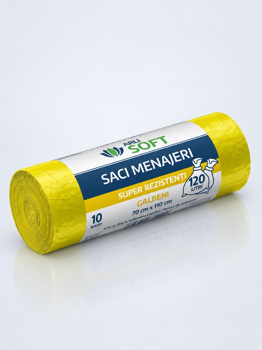 Saci Menajeri Galbeni 120 Litri ArliSoft® 10 buc/rola – Super Rezistenți pentru Colectarea Selectivă a Deșeurilor