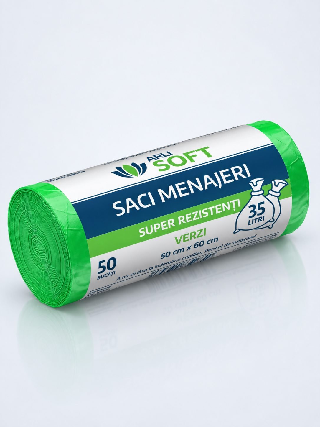 Saci Menajeri Verzi 35 Litri ArliSoft® 50 buc/rola  – Super Rezistenți pentru Colectarea Selectivă a Deșeurilor