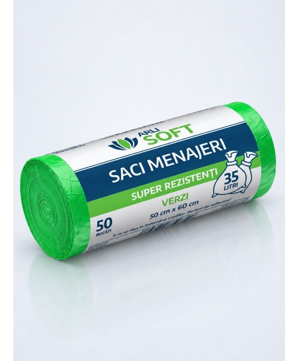 Saci Menajeri Verzi 35 Litri ArliSoft® 50 buc/rola  – Super Rezistenți pentru Colectarea Selectivă a Deșeurilor