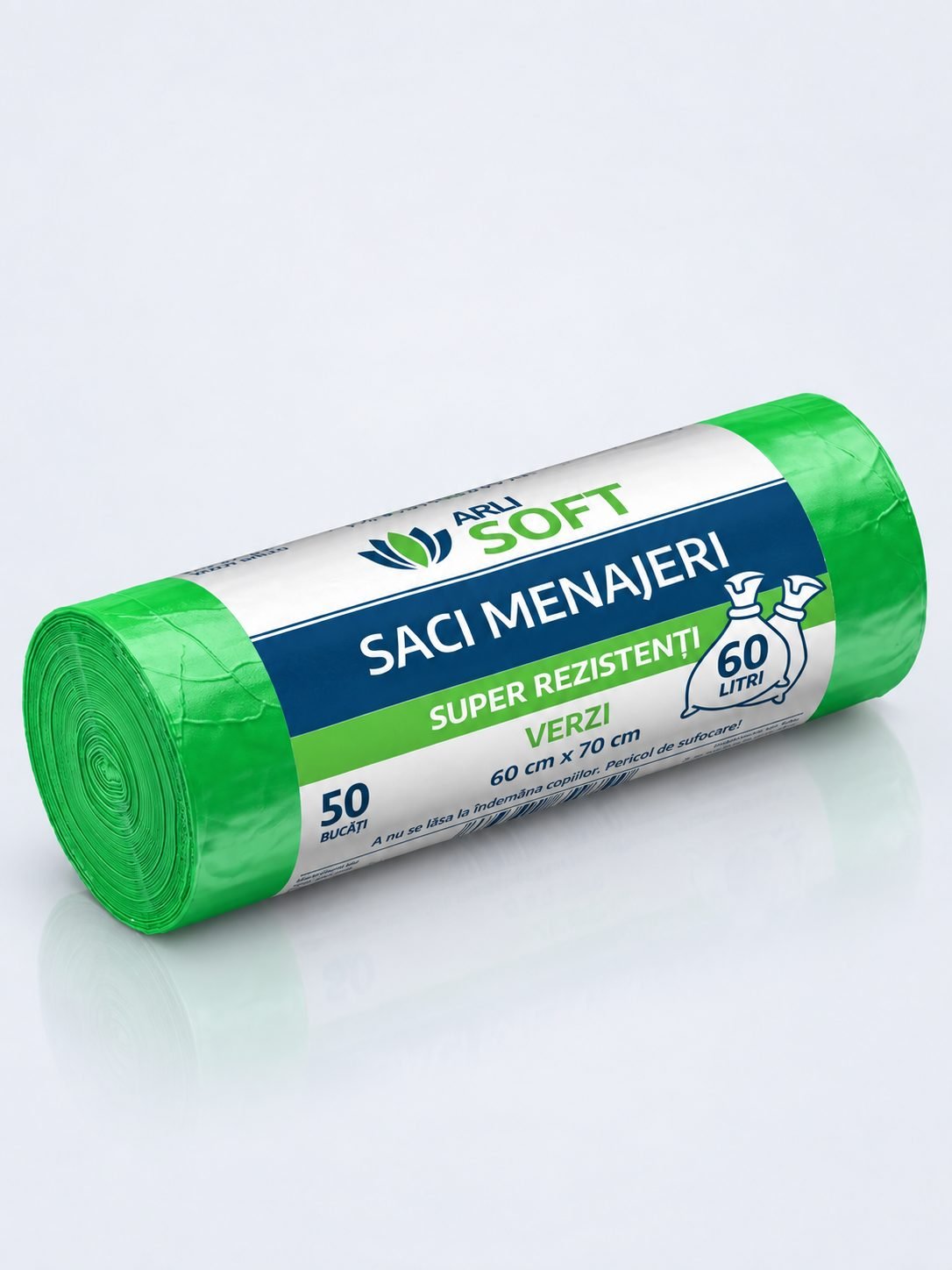 Saci Menajeri Verzi 60 Litri ArliSoft® 50 buc/rola – Super Rezistenți pentru Colectarea Selectivă a Deșeurilor