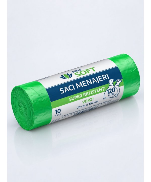 Saci Menajeri Verzi 120 Litri ArliSoft® 10 buc/rola – Super Rezistenți pentru Colectarea Selectivă a Deșeurilor