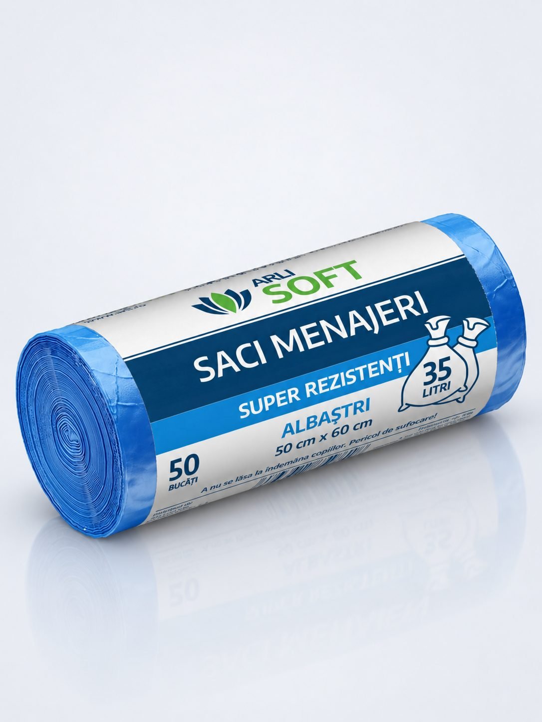 Saci Menajeri Albaștri 35 Litri ArliSoft® 50 buc/rola – Super Rezistenți pentru Colectarea Selectivă a Deșeurilor