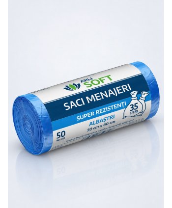 Saci Menajeri Albaștri 35 Litri ArliSoft® 50 buc/rola – Super Rezistenți pentru Colectarea Selectivă a Deșeurilor