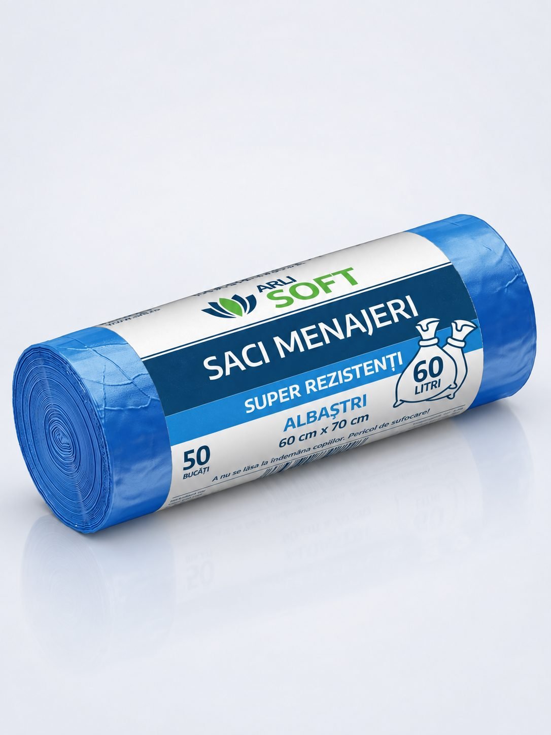 Saci Menajeri Albaștri 60 Litri ArliSoft® 50 buc/rola – Super Rezistenți pentru Colectarea Selectivă a Deșeurilor