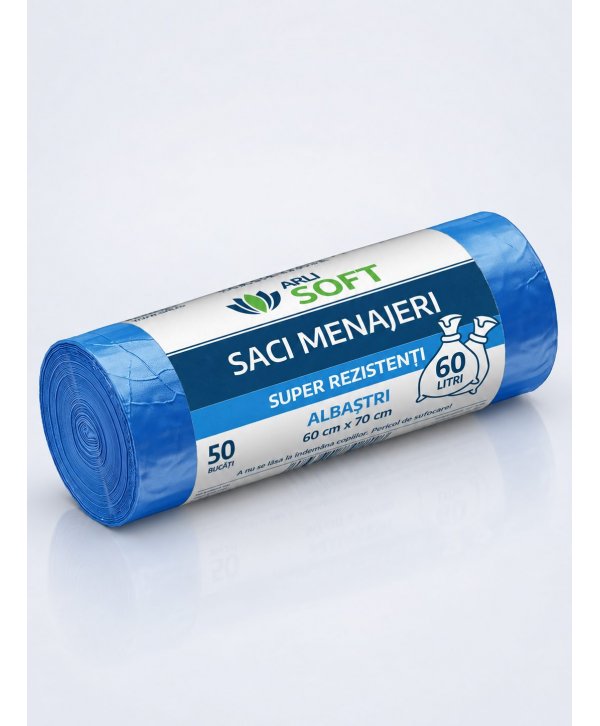 Saci Menajeri Albaștri 60 Litri ArliSoft® 50 buc/rola – Super Rezistenți pentru Colectarea Selectivă a Deșeurilor