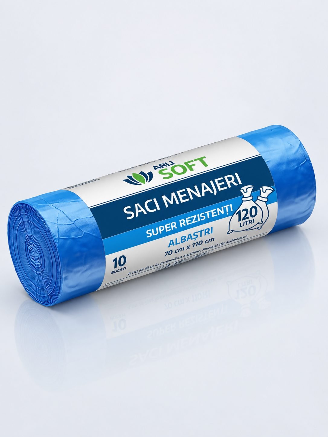 Saci Menajeri Albaștri 120 Litri ArliSoft® 10 buc/rola – Super Rezistenți pentru Colectarea Selectivă a Deșeurilor