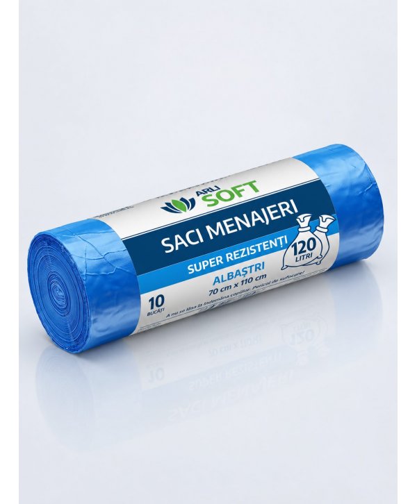 Saci Menajeri Albaștri 120 Litri ArliSoft® 10 buc/rola – Super Rezistenți pentru Colectarea Selectivă a Deșeurilor