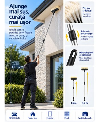 Perie profesională pentru spălare cu coadă telescopică 1,6–3,2 m, peri moi 6,5 cm