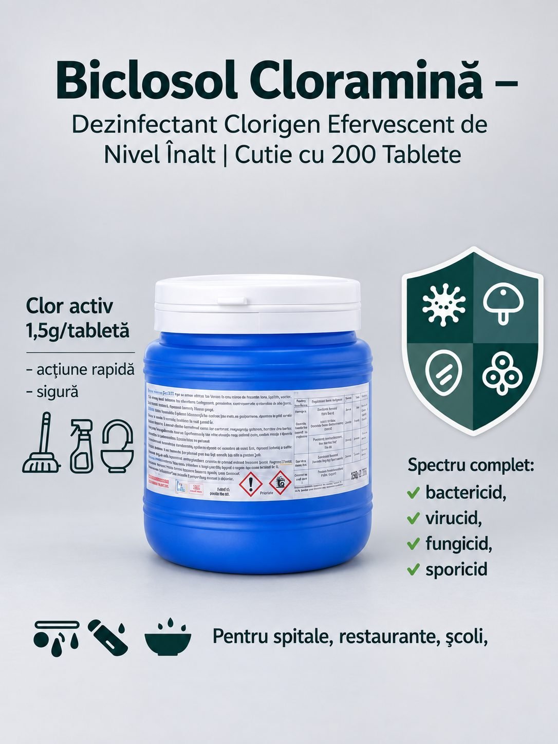 Biclosol – Dezinfectant Clorigen Efervescent de Nivel Înalt cu Spectru Larg de Actiune – 200 Tablete