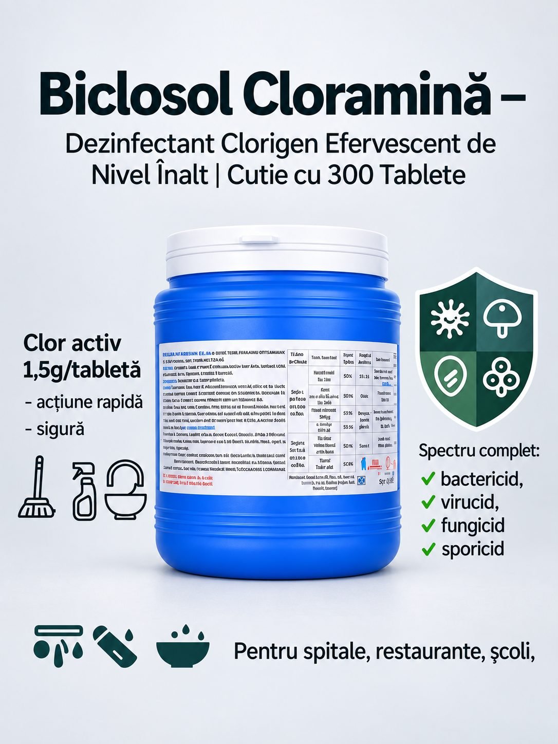 Biclosol – Dezinfectant Clorigen Efervescent de Nivel Înalt cu Spectru Larg de Actiune – 300 Tablete