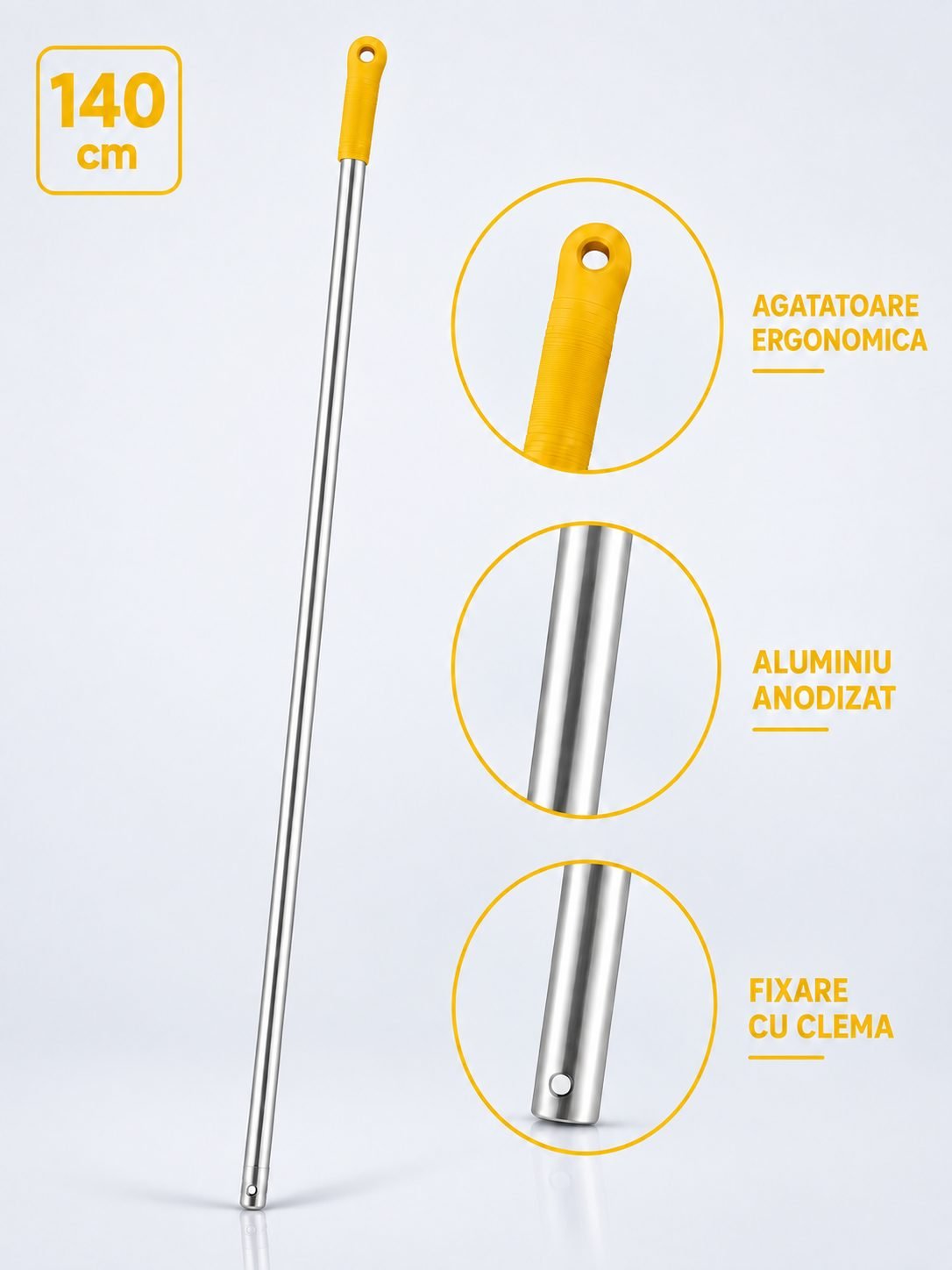 Maner Profesional din Aluminiu pentru Mopuri Compatibil cu Sistemele de Fixare cu Clema, Lungime 140 cm, Manson Galben