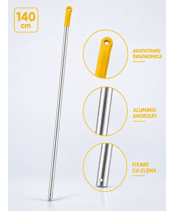 Maner Profesional din Aluminiu pentru Mopuri Compatibil cu Sistemele de Fixare cu Clema, Lungime 140 cm, Manson Galben