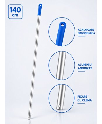 Maner Profesional din Aluminiu pentru Mopuri Compatibil cu Sistemele de Fixare cu Clema, Lungime 140 cm, Manson Albastru