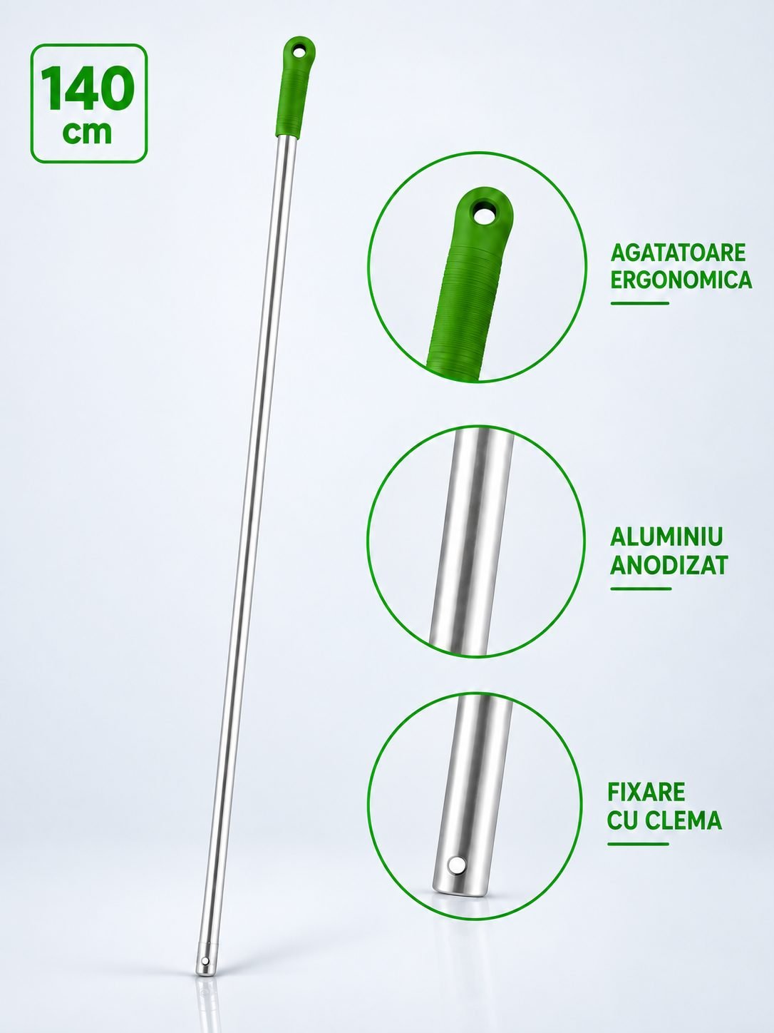 Maner Profesional din Aluminiu pentru Mopuri Compatibil cu Sistemele de Fixare cu Clema, Lungime 140 cm, Manson Verde