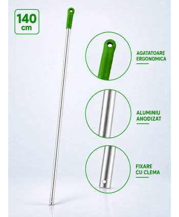 Maner Profesional din Aluminiu pentru Mopuri Compatibil cu Sistemele de Fixare cu Clema, Lungime 140 cm, Manson Verde