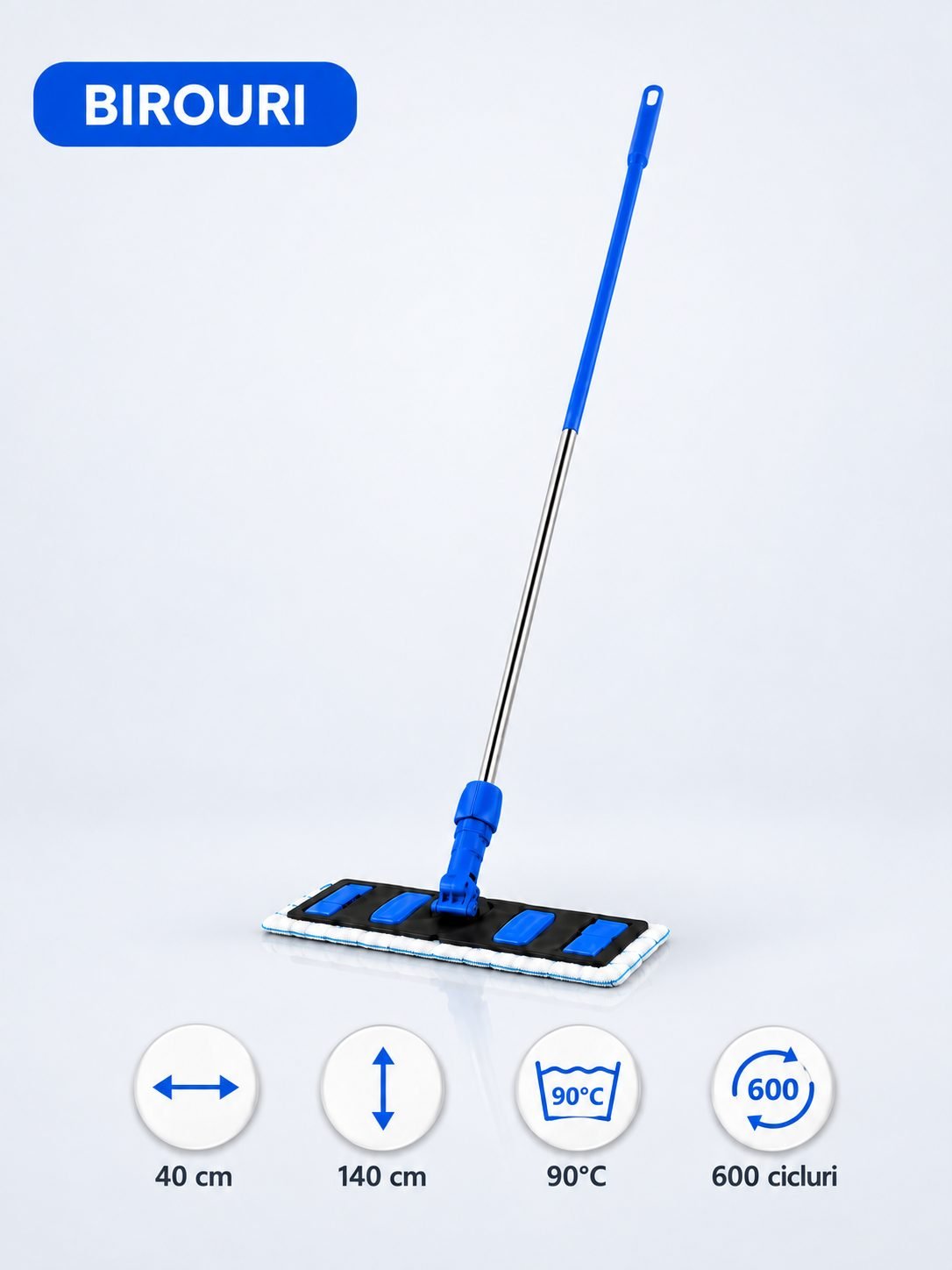 Set mop profesional albastru 40 cm, cu suport și mâner aluminiu 140 cm, pentru birouri