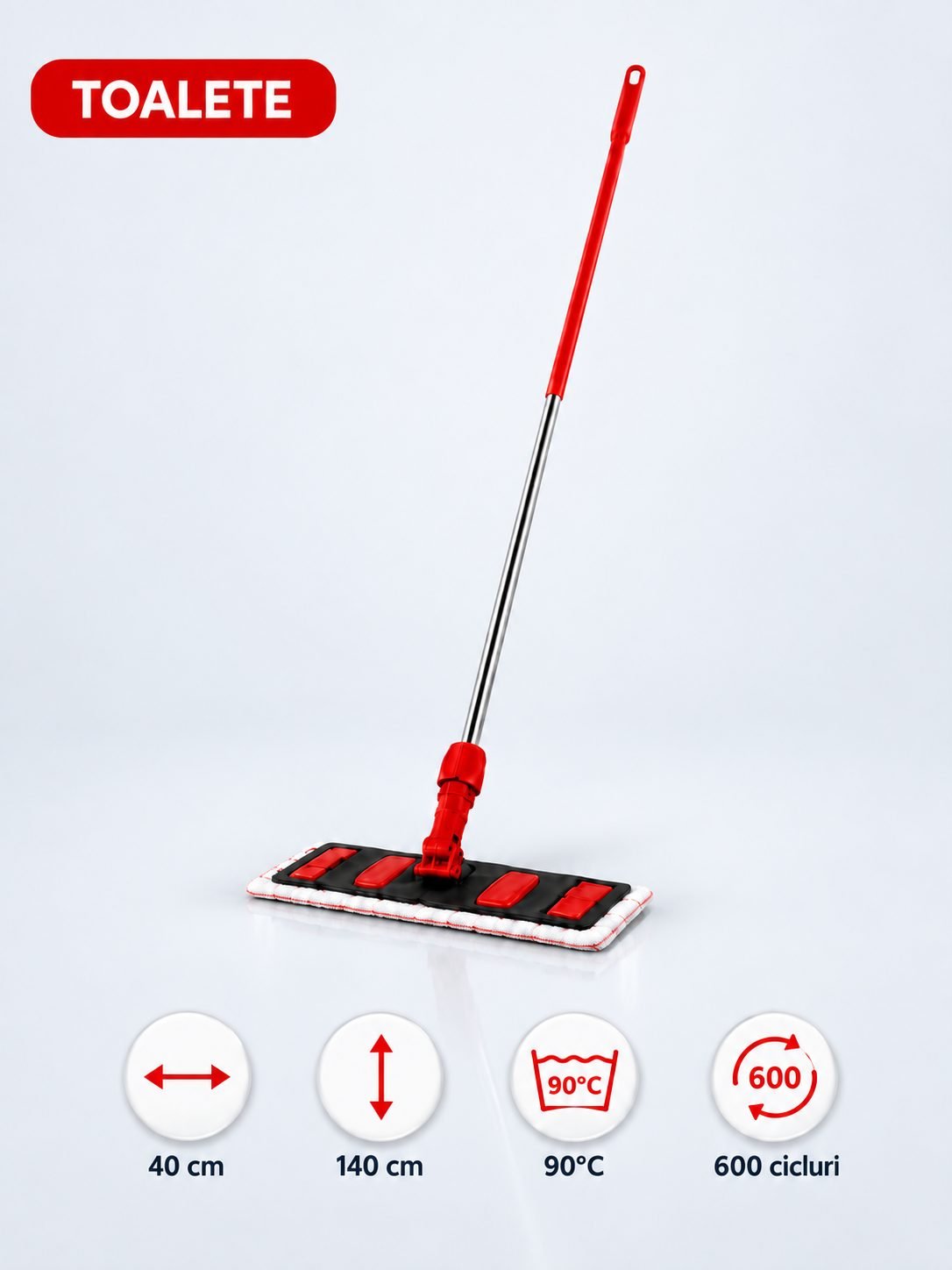 Set mop profesional roșu 40 cm, cu suport și mâner aluminiu 140 cm, pentru toalete