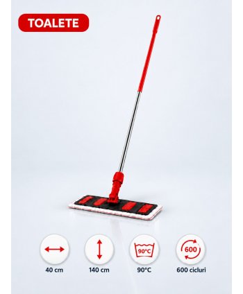 Set mop profesional roșu 40 cm, cu suport și mâner aluminiu 140 cm, pentru toalete
