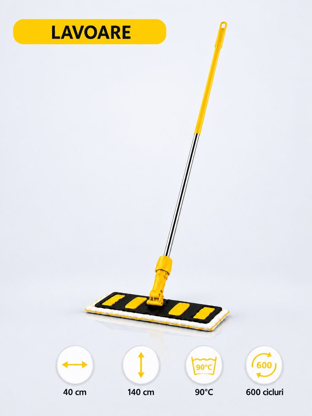 Set mop profesional galben 40 cm, cu suport și mâner aluminiu 140 cm, pentru lavoare