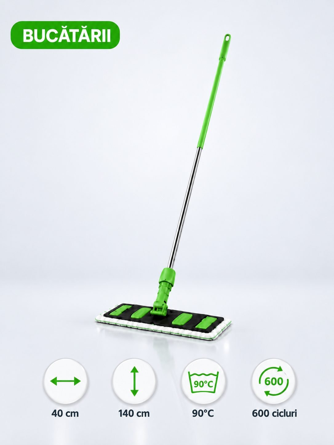 Set mop profesional verde 40 cm, cu suport și mâner aluminiu 140 cm, pentru bucătării