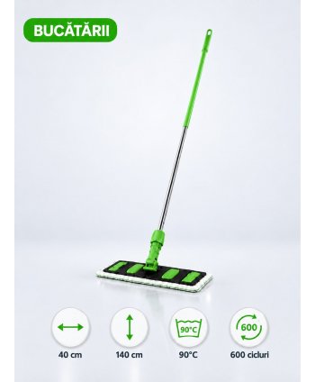 Set mop profesional verde 40 cm, cu suport și mâner aluminiu 140 cm, pentru bucătării
