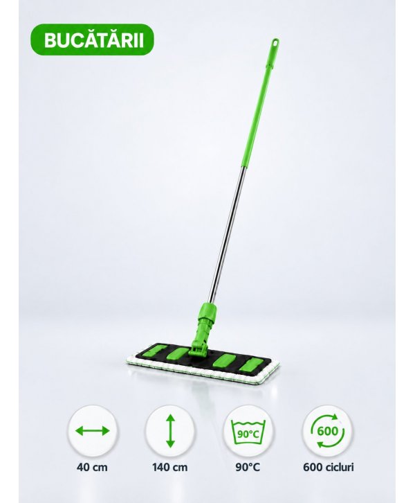Set mop profesional verde 40 cm, cu suport și mâner aluminiu 140 cm, pentru bucătării Set mop profesional verde 40 cm, cu suport și mâner aluminiu 140 cm, pentru bucătării