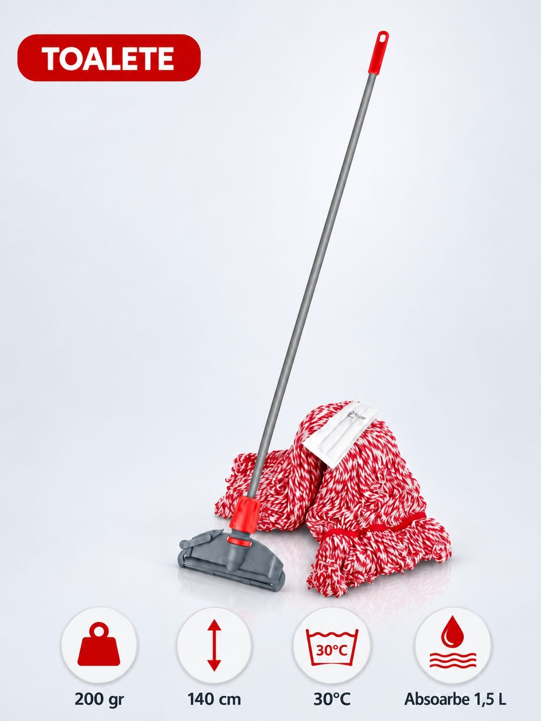 Set mop Kentucky roșu 200 g, cu suport tip clește și mâner aluminiu 140 cm, pentru toalete