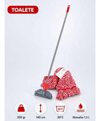 Set mop Kentucky roșu 200 g, cu suport tip clește și mâner aluminiu 140 cm, pentru toalete