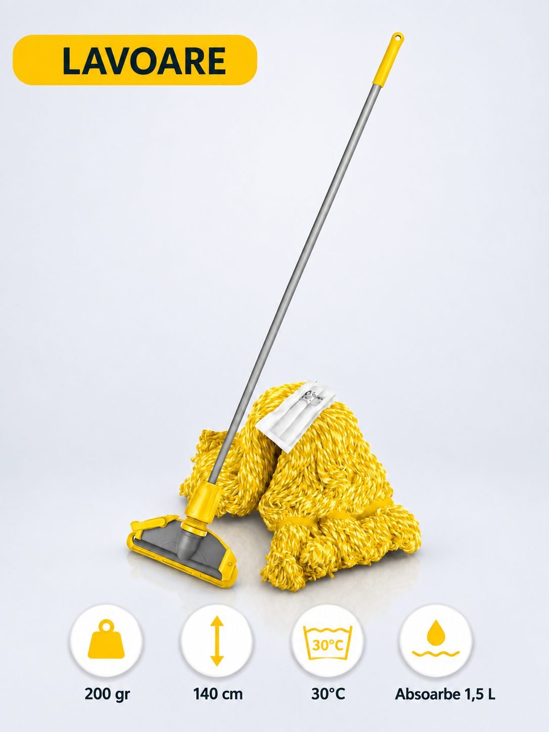Set mop Kentucky galben 200 g, cu suport tip clește și mâner aluminiu 140 cm, pentru lavoare