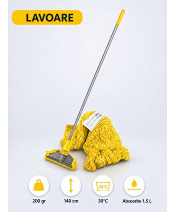 Set mop Kentucky galben 200 g, cu suport tip clește și mâner aluminiu 140 cm, pentru lavoare