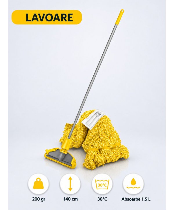 Set mop Kentucky galben 200 g, cu suport tip clește și mâner aluminiu 140 cm, pentru lavoare Set mop Kentucky galben 200 g, cu suport tip clește și mâner aluminiu 140 cm, pentru lavoare