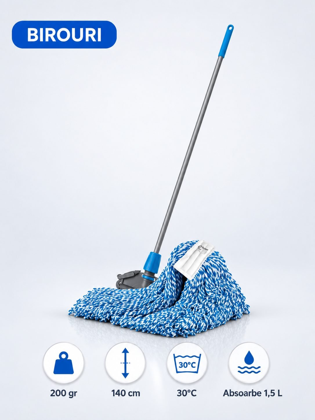 Set mop Kentucky albastru 200 g, cu suport tip clește și mâner aluminiu 140 cm, pentru spatii comune