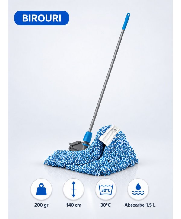 Set mop Kentucky albastru 200 g, cu suport tip clește și mâner aluminiu 140 cm, pentru spatii comune Set mop Kentucky albastru 200 g, cu suport tip clește și mâner aluminiu 140 cm, pentru spatii comune