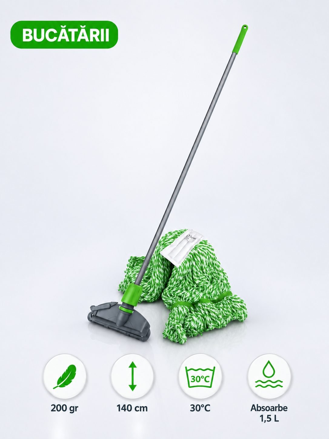 Set mop Kentucky verde 200 g, cu suport tip clește și mâner aluminiu 140 cm, pentru zone alimentare