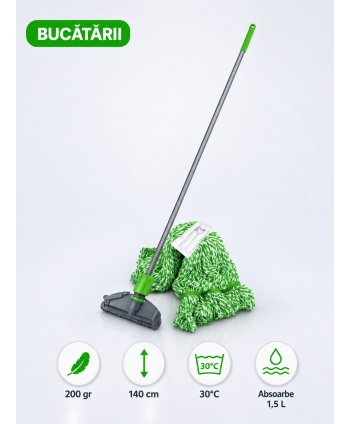 Set mop Kentucky verde 200 g, cu suport tip clește și mâner aluminiu 140 cm, pentru zone alimentare