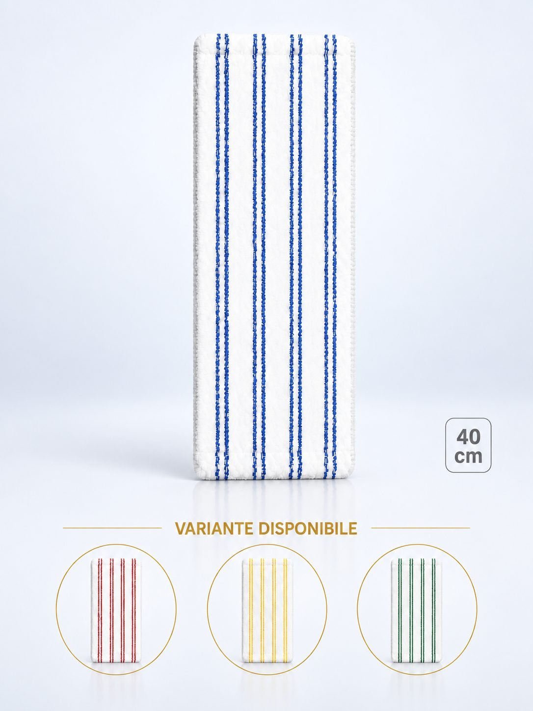 Mop profesional plat din microfibră 40 cm cu dungi albastre, urechi și buzunare, pentru birouri