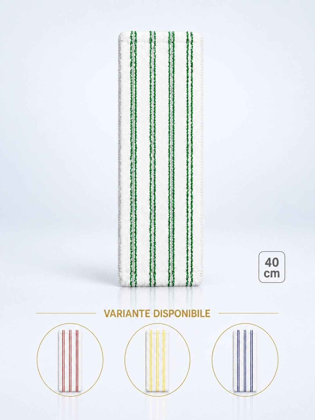 Mop profesional plat din microfibră 40 cm cu dungi verzi, urechi și buzunare, pentru spatii alimentare