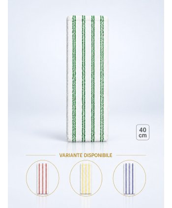 Mop profesional plat din microfibră 40 cm cu dungi verzi, urechi și buzunare, pentru spatii alimentare