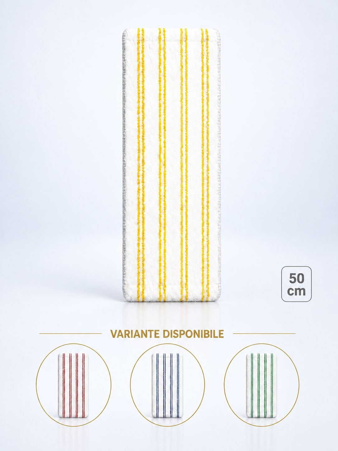 Mop profesional plat 50 cm din microfibră cu dungi galbene, urechi și buzunare, pentru lavoare