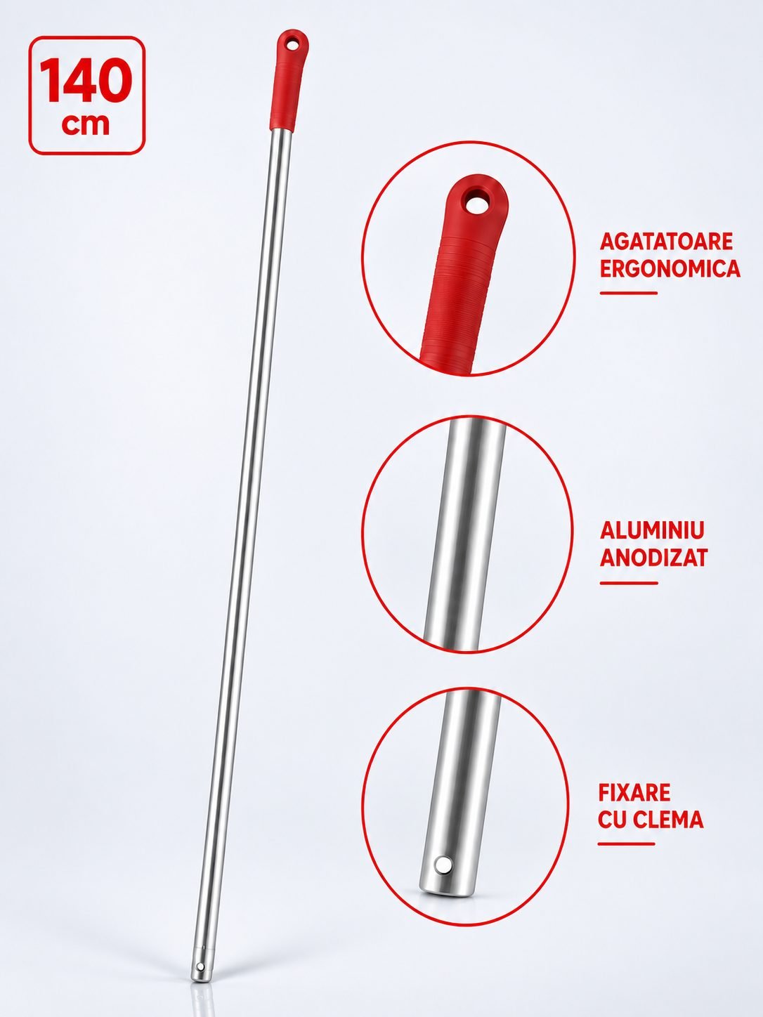 Maner Profesional din Aluminiu pentru Mopuri Compatibil cu Sistemele de Fixare cu Clema, Lungime 140 cm, Manson Rosu
