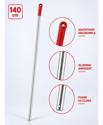 Maner Profesional din Aluminiu pentru Mopuri Compatibil cu Sistemele de Fixare cu Clema, Lungime 140 cm, Manson Rosu