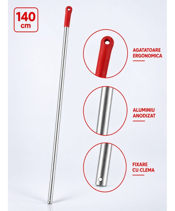 Maner Profesional din Aluminiu pentru Mopuri Compatibil cu Sistemele de Fixare cu Clema, Lungime 140 cm, Manson Rosu