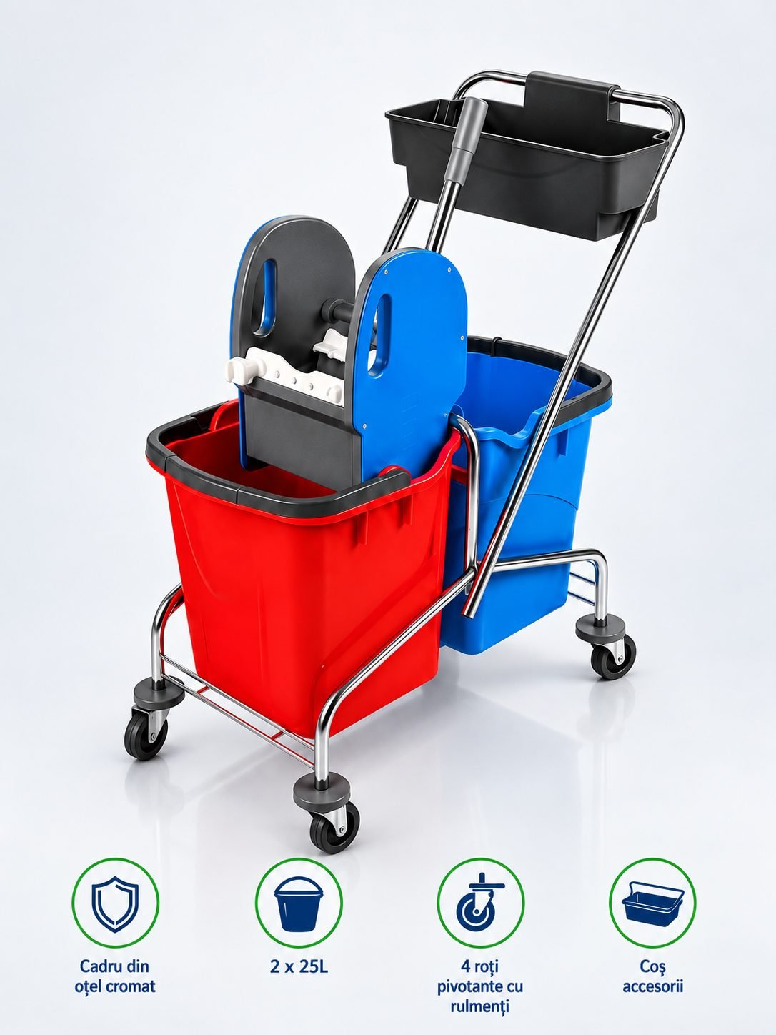 Cărucior de Curățenie Profesional 2×25L, Storcător Heavy-Duty & Cadru din Oțel Cromat